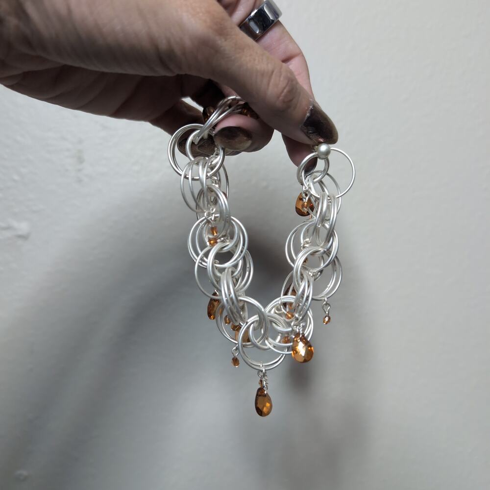 Silver Tone Chain Link Bracelet with Amber Beads Boho